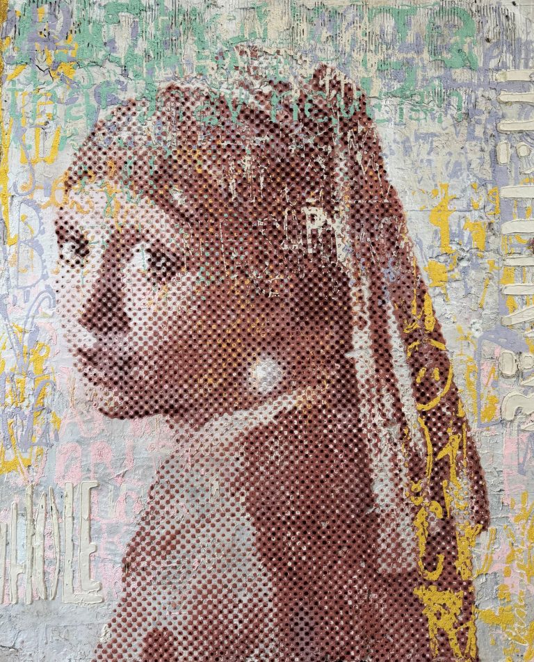 Patrizia Casagranda, Das Mädchen mit dem Perlenohrring, Sculptural Dot Painting auf recyceltem Material, 120 x 95 cm