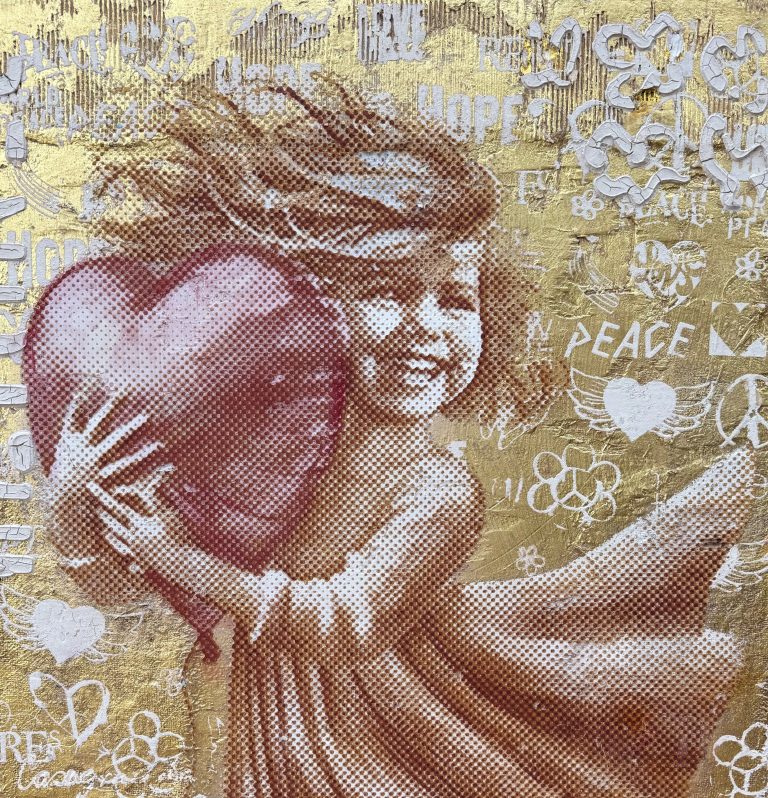 Patrizia Casagranda, Golden Balloon Girl - Embrace Love, Sculptural Dot Painting auf recyceltem Material, 100 x100 cm