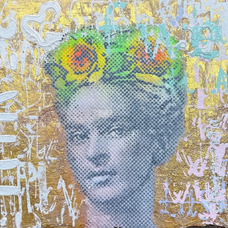Patrizia Csagranda, Grey Golden Frida, Sculptural Dot Painting auf recyceltem Material, 55 x 55 cm